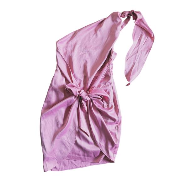 Fore One Shoulder Tie Pink Satin Bow Mini Dress Medium Cocktail Coquette Event - Picture 2 of 6